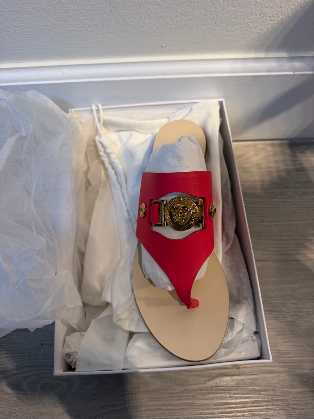 Versace Red Leather Medusa Thong Sandals with Gold Hardware